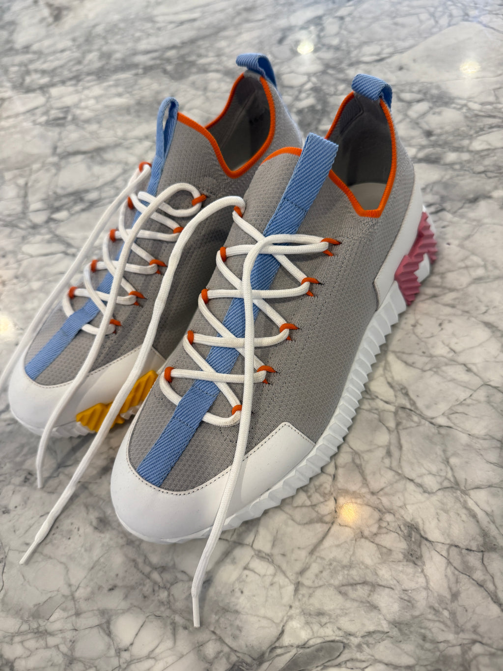 Hermès Multicolor Knit & Leather Sneakers Gray White Orange Blue Pink Size [38.5]