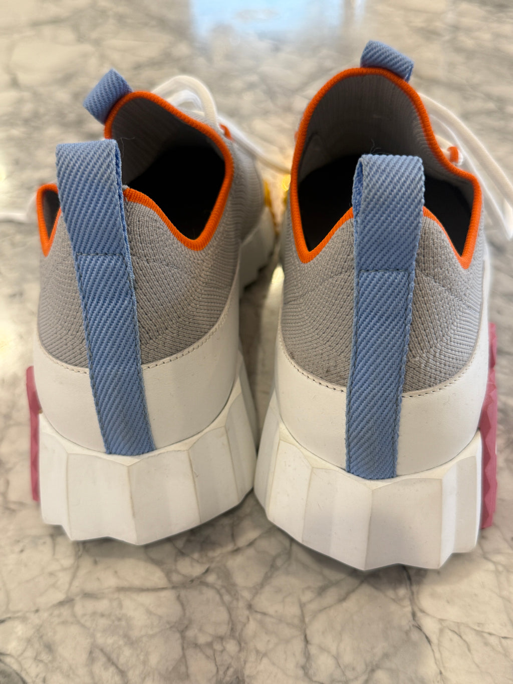 Hermès Multicolor Knit & Leather Sneakers Gray White Orange Blue Pink Size [38.5]