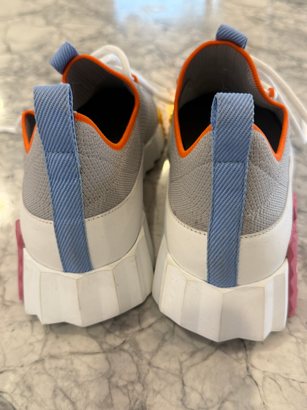 Hermès Multicolor Knit & Leather Sneakers Gray White Orange Blue Pink Size [38.5]