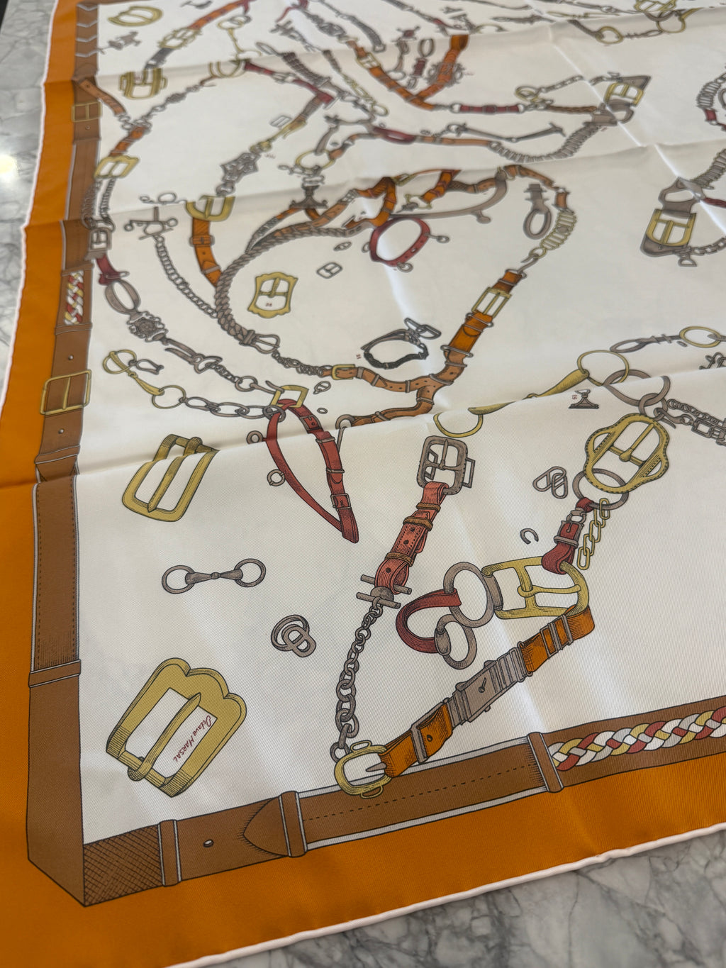 Hermès Silk Scarf Carré 90 – Belt & Hardware Print – Ivory/Orange