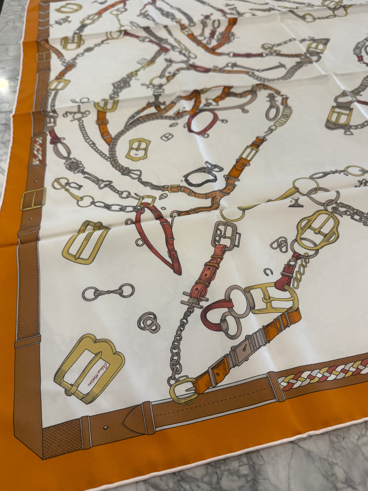 Hermès Silk Scarf Carré 90 – Belt & Hardware Print – Ivory/Orange
