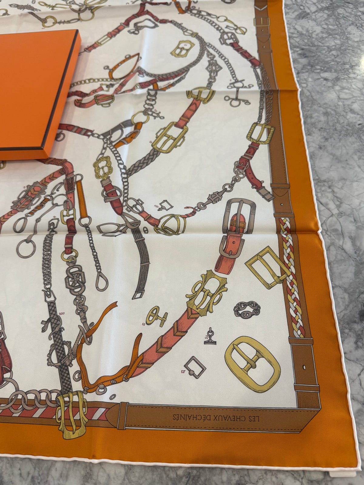Hermès Silk Scarf Carré 90 – Belt & Hardware Print – Ivory/Orange