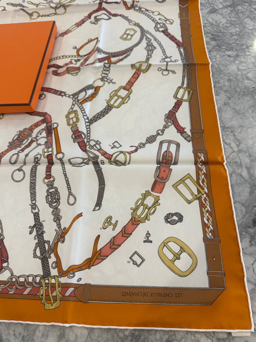Hermès Silk Scarf Carré 90 – Belt & Hardware Print – Ivory/Orange