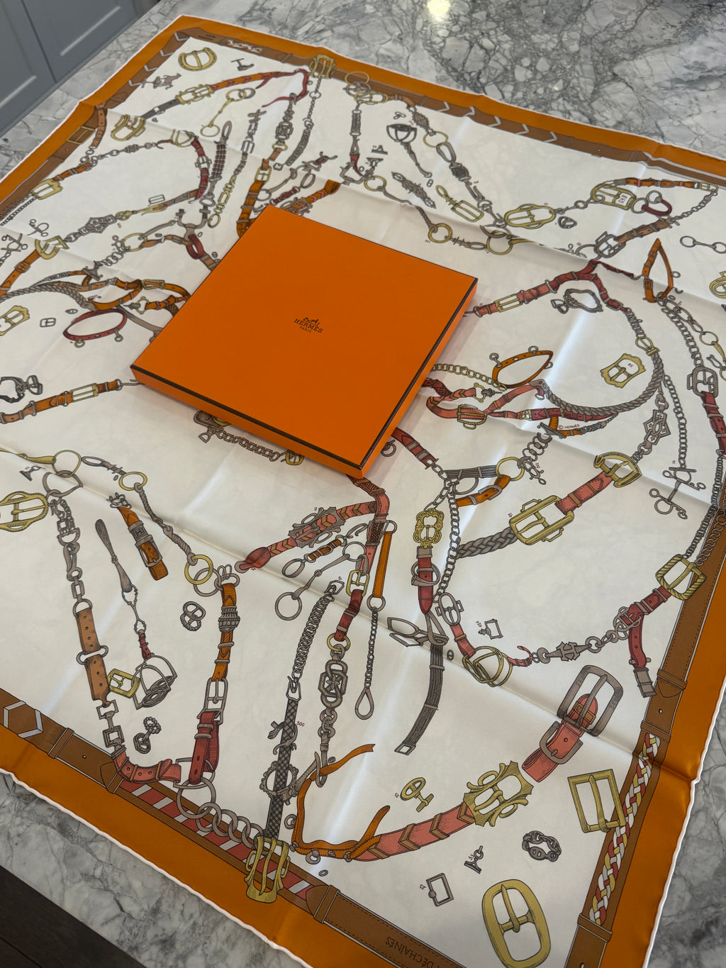 Hermès Silk Scarf Carré 90 – Belt & Hardware Print – Ivory/Orange
