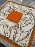 Hermès Silk Scarf Carré 90 – Belt & Hardware Print – Ivory/Orange